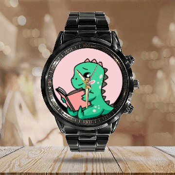 Discover Cute Book Reading Dinosaur Zip Calendar Steel Band Watch
