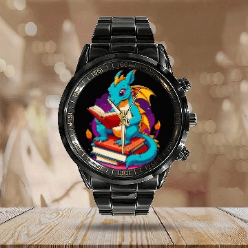 Discover Dragon Reading A Book Cute Dragon Lover Book Reader 1 Calendar Steel Band Watch