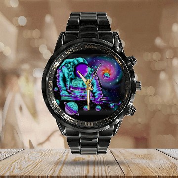 Discover Mens Astronaut Pool Player Astronomy Galaxy Billiard Player Zip Calendar Steel Band Watch
