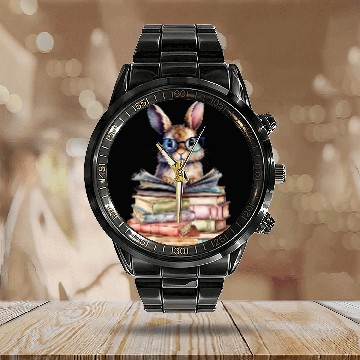 Discover Cute Reading Bunny With Glasses Books Bookworm Reader Book Calendar Steel Band Watch