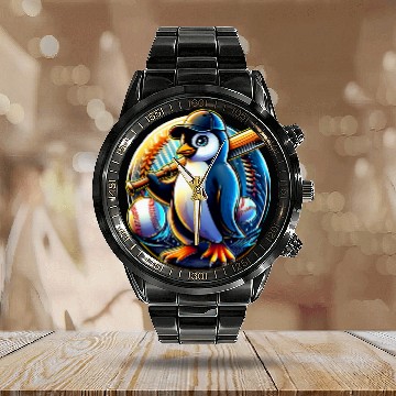 Discover Funny Lets Go Penguin Playing Baseball Zip Calendar Steel Band Watch