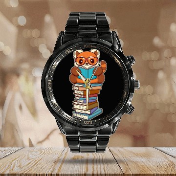Discover Cute Kawaii Red Panda Reading A Book Calendar Steel Band Watch