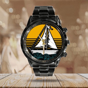Discover Skipper Sailboat Captain Sailor Retro Sunset Sailing Calendar Steel Band Watch