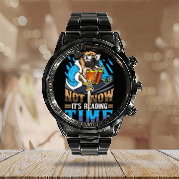Discover Book Reader Funny Reading Time Dog Pug Bookworm Humor Calendar Steel Band Watch