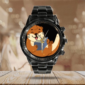 Discover Otter Reading a Book Calendar Steel Band Watch