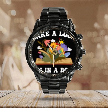 Discover cute woman book lovers wildflowers reading Calendar Steel Band Watch