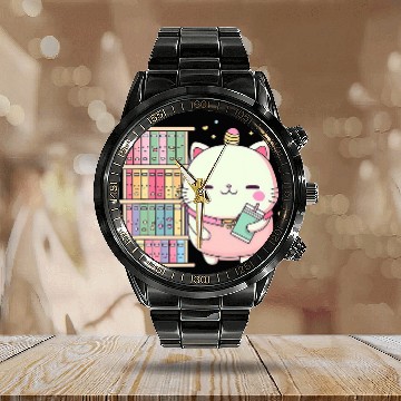 Discover Cute Kawaii Book and Cat Lover Librarian Reading Calendar Steel Band Watch