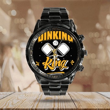 Discover Mens Dinking King Male Pickleball Player Calendar Steel Band Watch