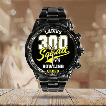 Discover 300 Squad Bowling Team Ladies League Backside Print Calendar Steel Band Watch