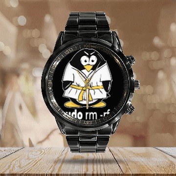 Discover sudo rm rf linux penguin in a karate tuxedo for programmer Calendar Steel Band Watch