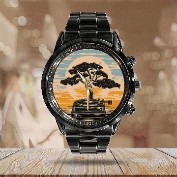 Discover Japanese Bonsai Sunset Record Player Zen Music Design Calendar Steel Band Watch