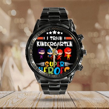 Discover I Train Kindergarten Super Heroes Teacher Team Gift Zip Calendar Steel Band Watch