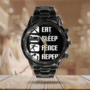 Discover Eat Sleep Fence Repeat Fencing 3 Baseball Tees Calendar Steel Band Watch