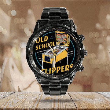 Discover Old School Flipper Pinball vintagess Calendar Steel Band Watch