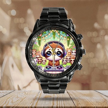 Discover Adorable Chibi Kawaii DJ Sloth in Tropical Party Calendar Steel Band Watch
