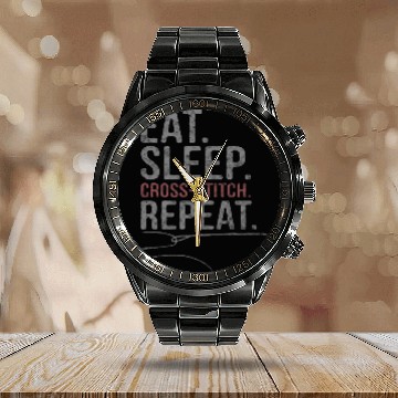 Discover Eat Sleep Cross Stitch Repeat Funny CrossStitch Needlework Calendar Steel Band Watch