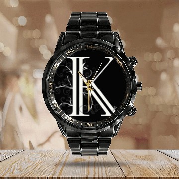 Discover Ornate Vine Monogram K Refined Style Zip Calendar Steel Band Watch