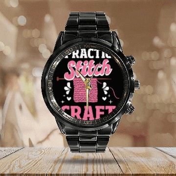 Discover Funny Knitting Pun I Practice Stitch Craft Crochet Sewing Calendar Steel Band Watch