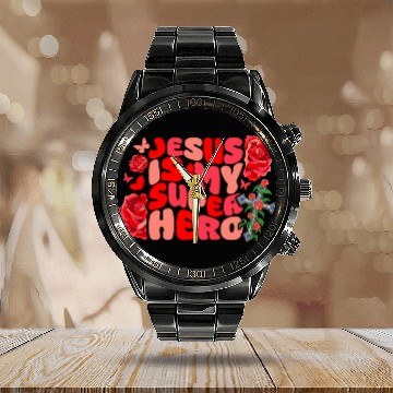 Discover Jesus Is My Superhero Christian Religious Rose Calendar Steel Band Watch
