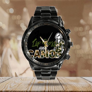 Discover Jeans Lip Gloss Camo Sayings Graphic Orange Calendar Steel Band Watch