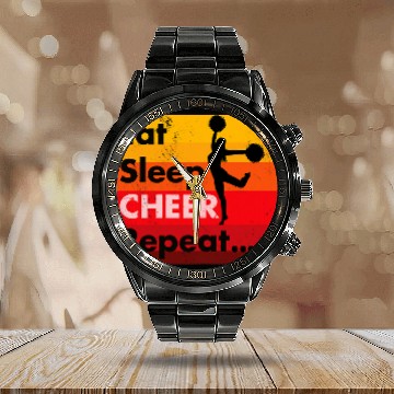 Discover Eat Sleep Cheer Repeat Funny Cheerleading Team Baseball Tees Calendar Steel Band Watch