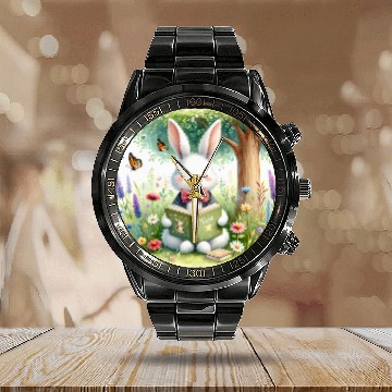 Discover Rabbit In Bow Tie Reads Spell Book In Meadow Reading Calendar Steel Band Watch