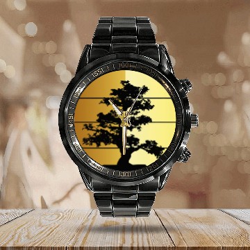 Discover Pacific Ocean Beach Bonsai Tree Golden Sun Retro vintagess Calendar Steel Band Watch