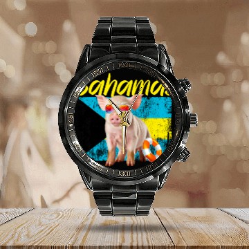 Discover Bahamas Swimming Pig Summer Vacation Beach Souvenir Baseball Tees Calendar Steel Band Watch