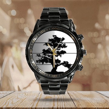 Discover Pacific Ocean Beach Bonsai Tree Silver Sun Retro vintagess Calendar Steel Band Watch