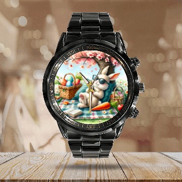 Discover Easter Rabbit With Sunglasses Enjoying Picnic Under Tree Calendar Steel Band Watch