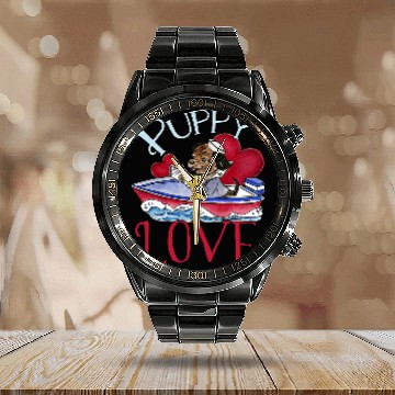 Discover Puppy Love Cute Dog Motor Boat Ride Calendar Steel Band Watch