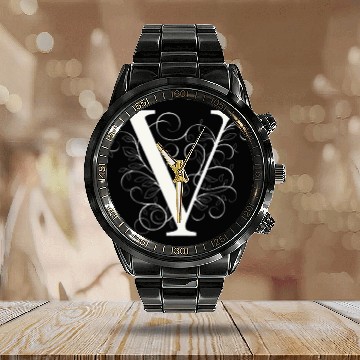 Discover Elegant Flourished V Classic Monogram Design Calendar Steel Band Watch
