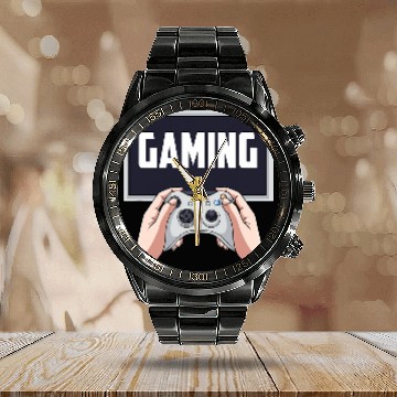 Discover Gaming Drawing of Monitor and Video Game Controller Calendar Steel Band Watch