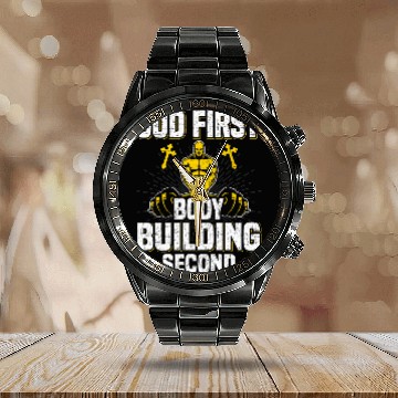 Discover God First Bodybuilding Second Weightlifting Workout Zip Calendar Steel Band Watch