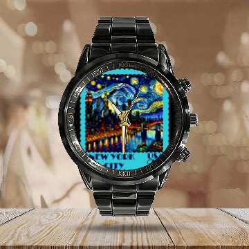 Discover New York City Skyline Cool Retro Art Souvenir Postage Stamp Calendar Steel Band Watch