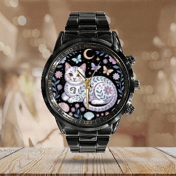 Discover Cancer Zodiac Cat Mystical Art Calendar Steel Band Watch