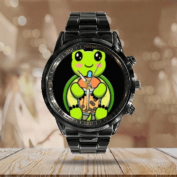 Discover Bubble Milk Tea Turtle Cute Turtle Drinking Boba Milk Tea 1 Calendar Steel Band Watch