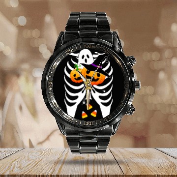 Discover Halloween Skeletons Pumpkin Candy Corn 1 Calendar Steel Band Watch