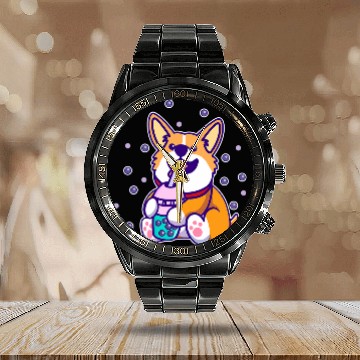 Discover Cute Kawaii Corgi Dog Drinking Bubble Tea Boba Milk Tea Baseball Tees Calendar Steel Band Watch