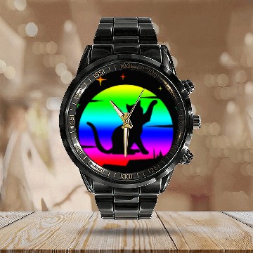 Discover Cat Black Moon Pet Meow Kitty Baseball Tees Calendar Steel Band Watch