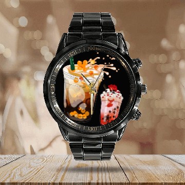 Discover Bubbles Tapioca Milk Tea with Boba Beads Calendar Steel Band Watch
