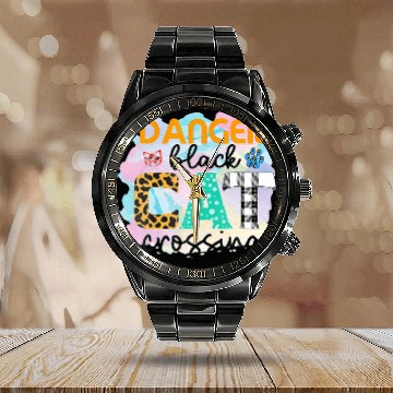 Discover Funny Danger black cats Crossing Graphic Patchwork 1 Calendar Steel Band Watch