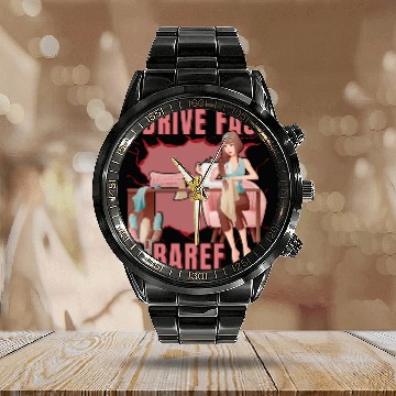 Discover Speedy Sewer Fun Quote Barefoot Sewing Enthusiast Calendar Steel Band Watch