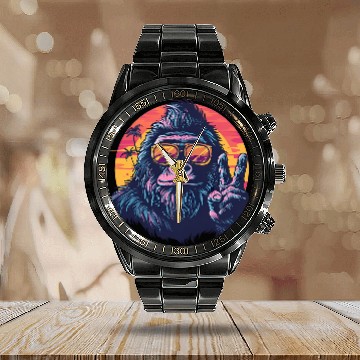 Discover Gorilla on Vacation with a Sunset Peace Sign Calendar Steel Band Watch