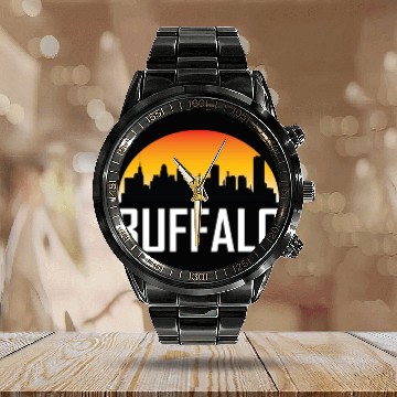 Discover Sunset Skyline Silhouette of Buffalo NY Calendar Steel Band Watch