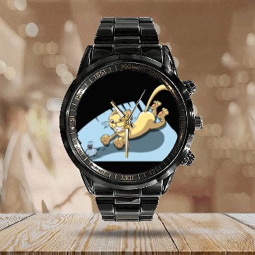 Discover Cat Running After Rat - Tom and Jerry Illustration Calendar Steel Band Watch