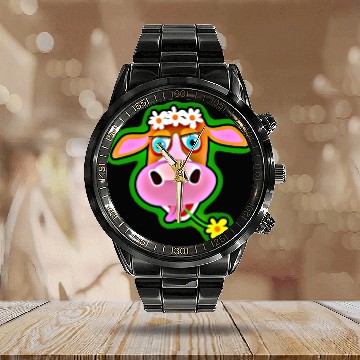 Discover Cute Cow with Bohemian Flower Crown Calendar Steel Band Watch