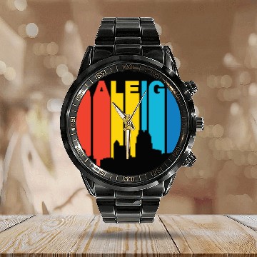 Discover Retro 1970's Style Raleigh North Carolina Skyline Calendar Steel Band Watch
