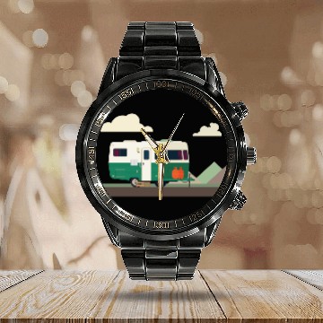 Discover camper in the mountains Calendar Steel Band Watch