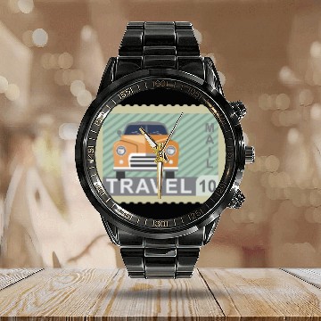 Discover Travel Post Stamp Calendar Steel Band Watch